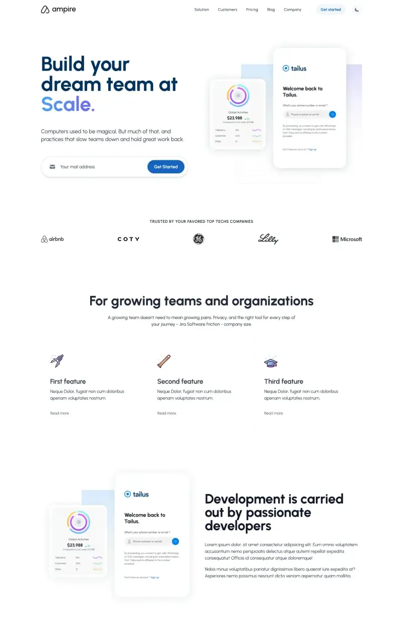 tailus ampire template solution page screenshot